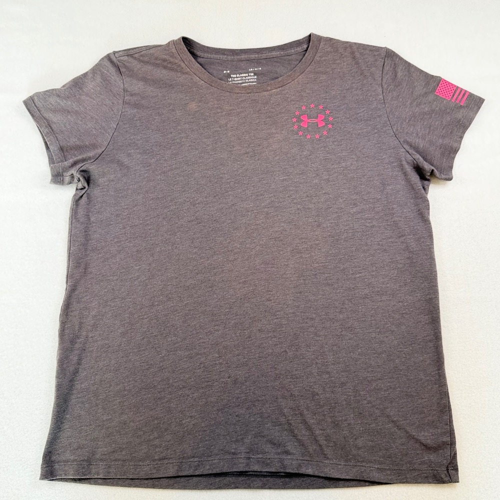 Under Armour Freedom T-Shirt Womens Large Gray Pink Flag Graphic Classic Tee